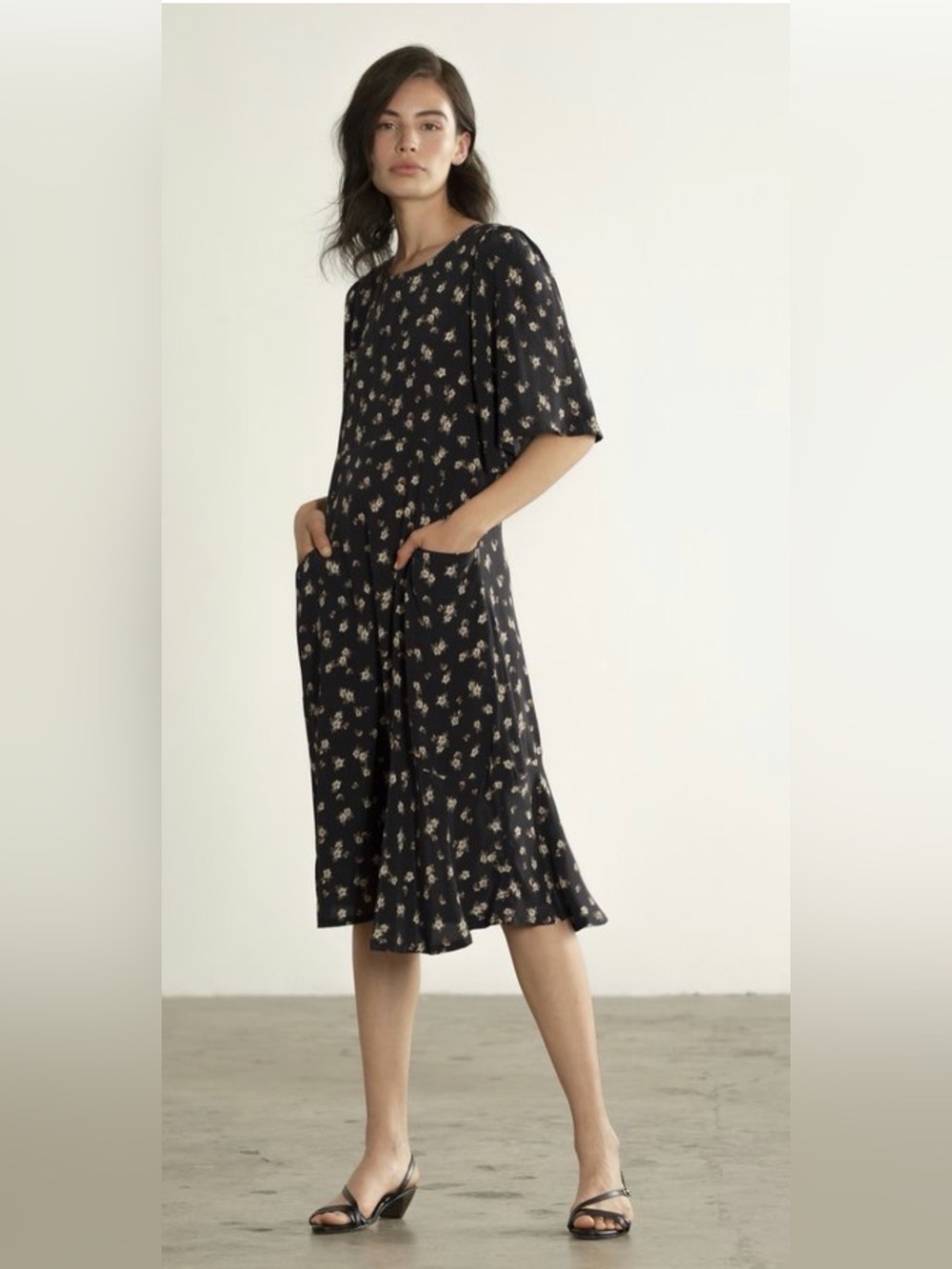 Maria Stanley Hailey Black/Navy Floral Dress with Cream and Brown Blossoms